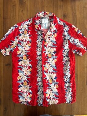 Denim & Flower Ricky Singh Shirt Mens M Red Floral Hawaiian Button Up